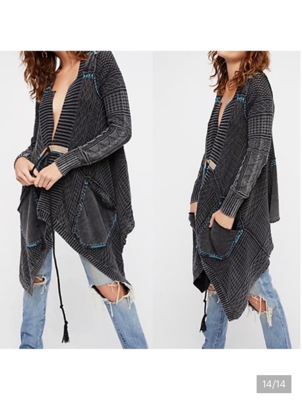 Free People Gray Washed Out Waterfall High Low Knit Cardigan Sweater Size S